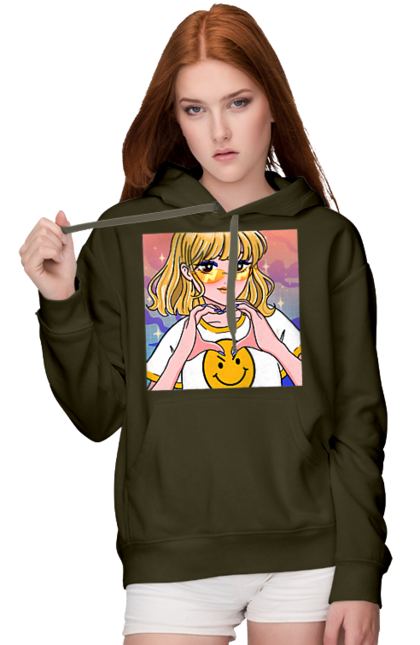 Жіноче худі з принтом "Жовта Дівчинка". Аніме, дівчинка, смайл. 2070702