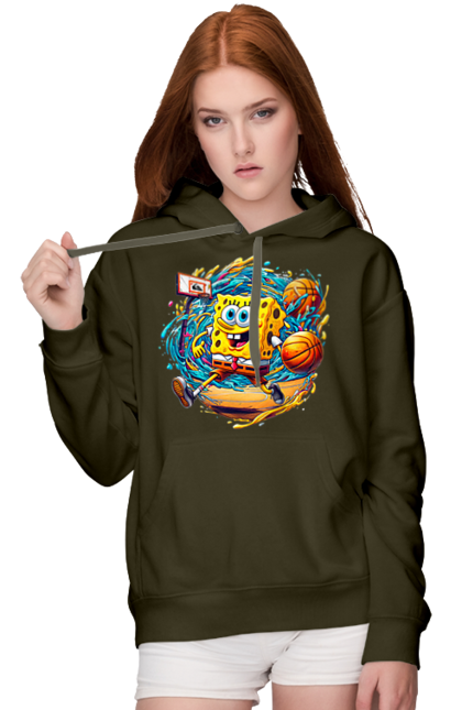 Women's hoodie with prints SpongeBob. Animated series, ball, basketball, cartoon, spongebob, spongebob squarepants, sport. 2070702