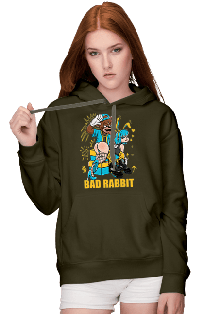 Women`s hoodie with prints Bad rabbit. Bad bunny, bdsm, bear, cool, funny, rabbit, young woman. 2070702
