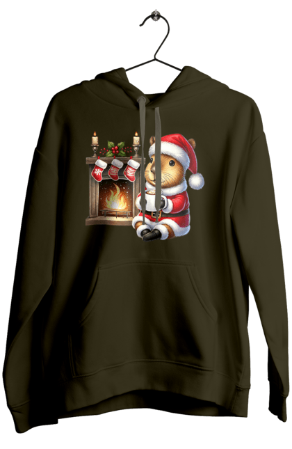 Women's hoodie with prints Capybara by the fireplace with hot chocolate. Animal, capybara, christmas, christmas capybara, fireplace, gift, holiday, hot chocolate, new year, santa. 2070702