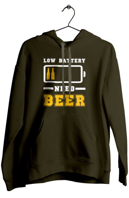 Жіноче худі з принтом "Low battery need beer". Алкоголь, брутальні, літні, пиво, прикольні принти, чоловічі. 2070702