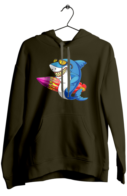 Women`s hoodie with prints Shark With Glasses Surfing. Glasses, shark, summer, surfing. 2070702