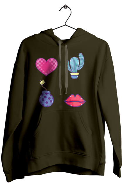 Women`s hoodie with prints Heart, Cactus, Bomb, Lips. Bomb, cactus, lips. 2070702