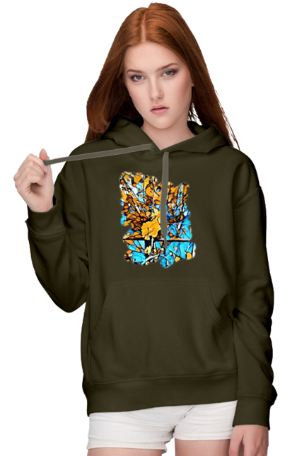 Жіноче худі з принтом "Жовті квіти на синьому фоні". Арт, жовтий та синій, жовті квіти, жовто-синій, квіти, малюнок, природа, синій та жовтий, синьо-жовтий. 2070702