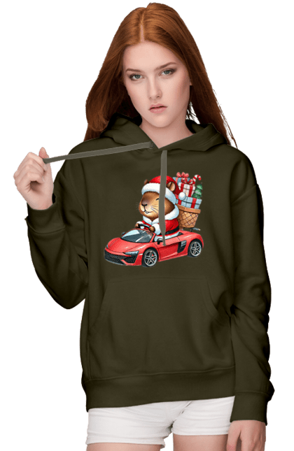 Women's hoodie with prints Christmas Capybara with a Gift. Animal, capybara, car, christmas, christmas capybara, gift, holiday, new year, new year`s gift, santa. 2070702