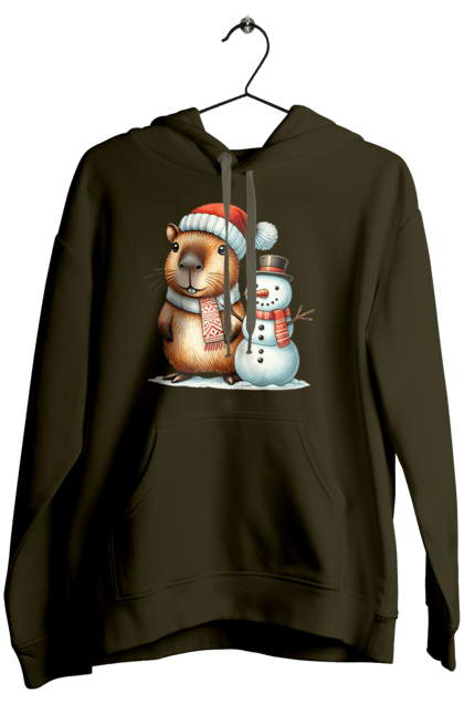 Women's hoodie with prints Capybara and Snowman. Animal, capybara, christmas, christmas capybara, gift, holiday, new year, new year`s gift, santa, snowman. 2070702