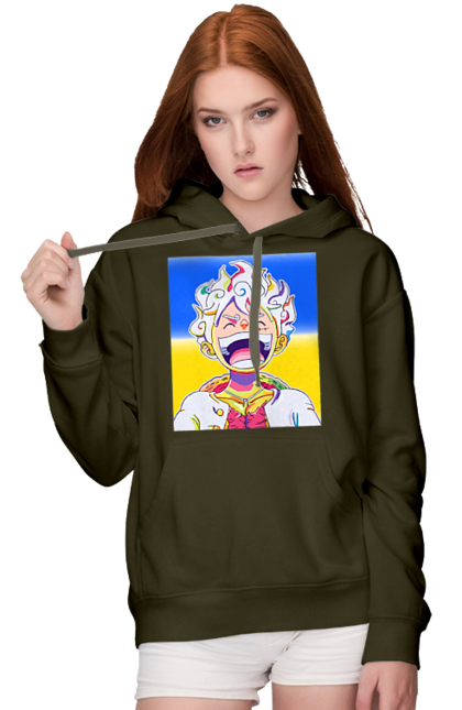 Жіноче худі з принтом "Монкі д Луффі сміється на жовто блактному фоні". Ван піс, луффі, монкі д. луффі, прапор україни, символ україни, україна. 2070702