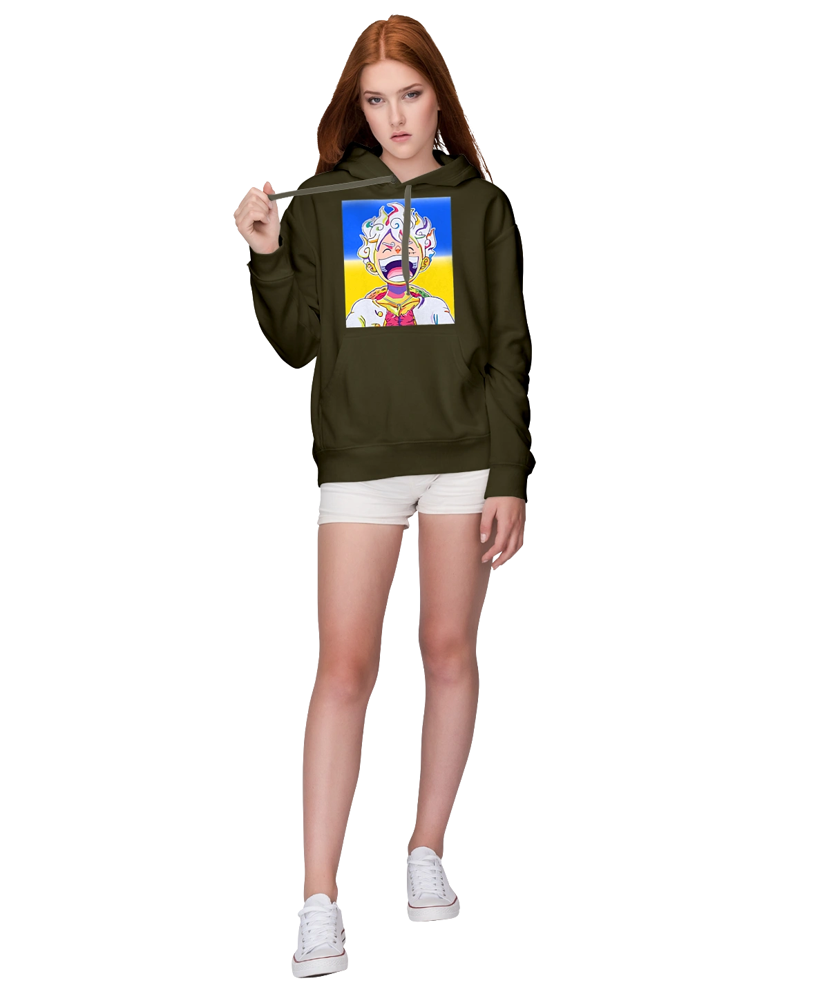 Monkey D Luffy laughing on a yellow blue background