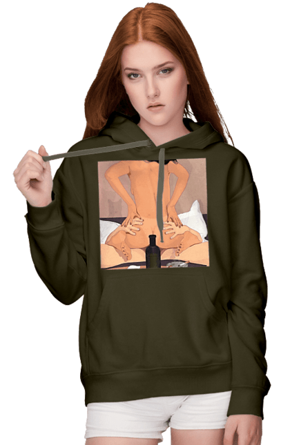 Women`s hoodie with prints Naked Girl, Bottle And Cigarettes. From above, naked. 2070702