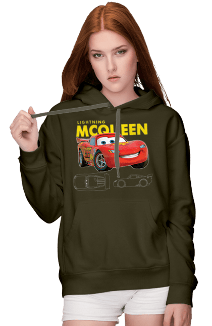 Women's hoodie with prints Lightning McQueen. Cartoon, cartoon, lightning mcqueen, race, sport, wheelbarrows. 2070702