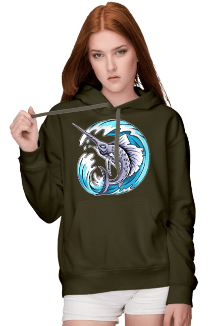 Women`s hoodie with prints Fish Sword And Wave. Swordfish, wave. 2070702