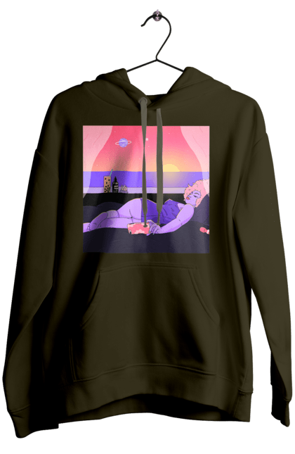 Жіноче худі з принтом "Фіолетова Дівчина На Відпочинку". Дівчина, захід, телефон. 2070702