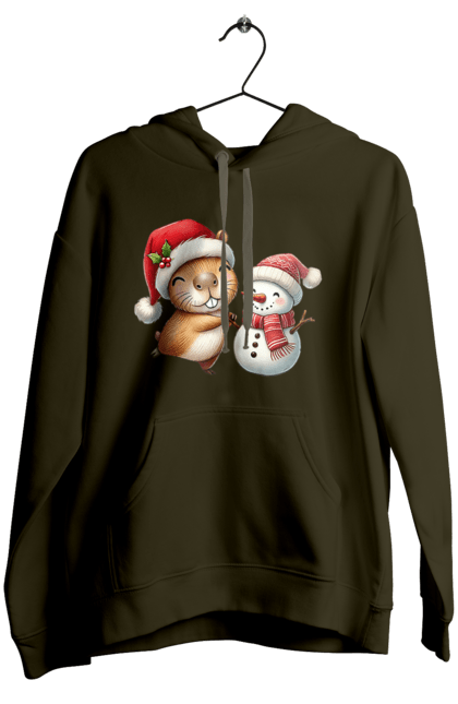 Women's hoodie with prints Capybara and Snowman. Animal, capybara, christmas, christmas capybara, gift, holiday, new year, new year`s gift, santa, snowman. 2070702