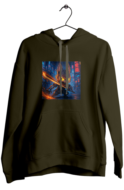 Women`s hoodie with prints Labubu. Action, animestyle, cyberninja, cyberpunk, eyes that shine, katana, labubu, neon city, sword. 2070702
