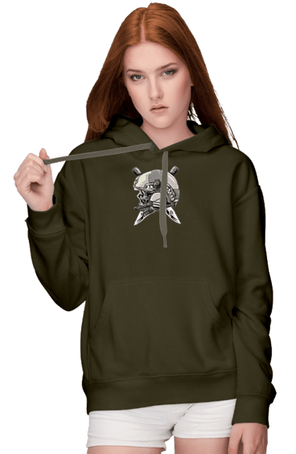 Women`s hoodie with prints Pilot`s skull. Defender, helmet, military, pilot, skull, than. 2070702