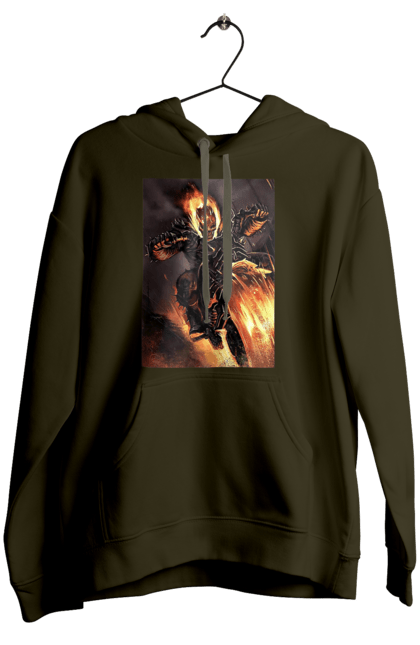 Women`s hoodie with prints Hell Racer. Chopper, fire, hell racer, motorcycle, skeleton. 2070702