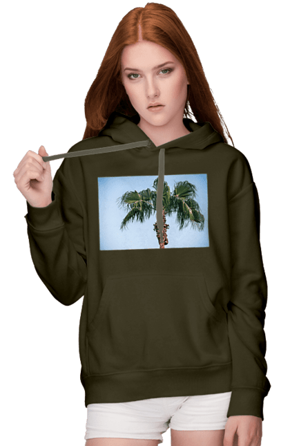 Жіноче худі з принтом "Пальма на тлі неба". Берег, блакитне, відпочинок, відпустку, єгипет, зелений, зелені, лист, листя, море, небо, оазис, океан, острів, пальма, південь, подорож, пригоди, тропіки, туреччина. 2070702