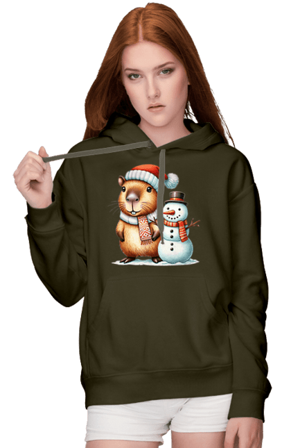 Women's hoodie with prints Capybara and Snowman. Animal, capybara, christmas, christmas capybara, gift, holiday, new year, new year`s gift, santa, snowman. 2070702