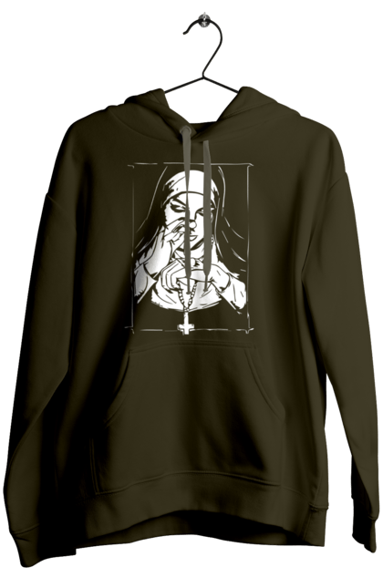 Women`s hoodie with prints The nun sniffs the powder. Cool, cross, fashionable, nun, popular. 2070702
