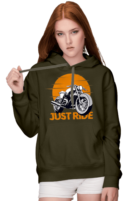 Women`s hoodie with prints Motorcycle, Just Go. Motorbike, riding, road. 2070702