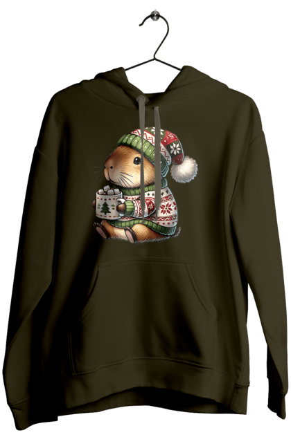 Women's hoodie with prints Capybara with hot chocolate. Animal, capybara, christmas, christmas capybara, gift, holiday, hot chocolate, new year, santa. 2070702