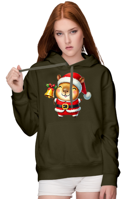 Women's hoodie with prints Funny capybara with a bell. Animal, bell, capybara, christmas, christmas capybara, gift, holiday, new year, new year`s gift, santa. 2070702