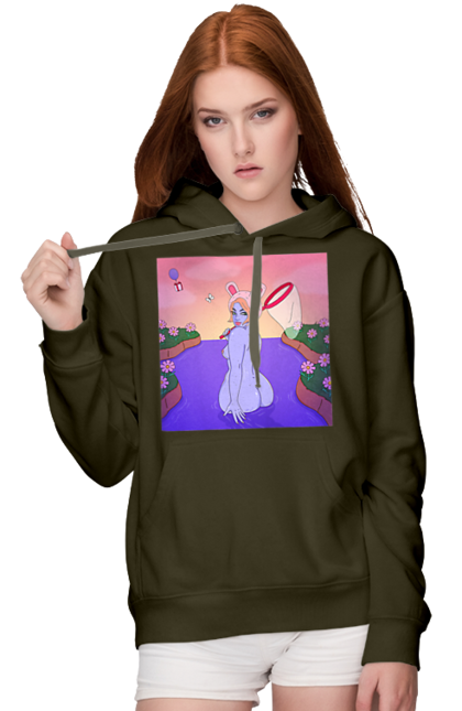 Жіноче худі з принтом "Фіолетова Дівчина На Полюванні". Гола, дівчина, сачок. 2070702