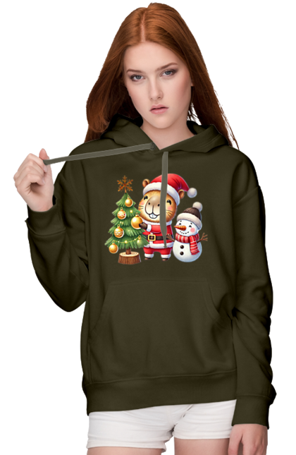 Women's hoodie with prints Christmas Capybara with a Tree. Animal, capybara, christmas, christmas capybara, christmas tree, gift, holiday, new year, new year`s gift, santa. 2070702