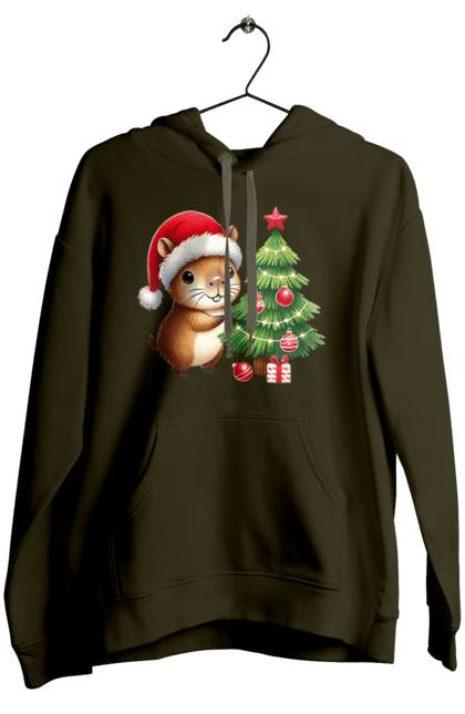 Women's hoodie with prints Christmas Capybara with a Tree. Animal, capybara, christmas, christmas capybara, christmas tree, gift, holiday, new year, new year`s gift, santa. 2070702