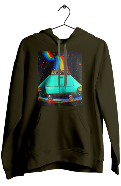 Жіноче худі з принтом "Картина, машина у космосі". Веселка, картина, космос, машина, подорожі, поїздка, прикол, ретро. 2070702