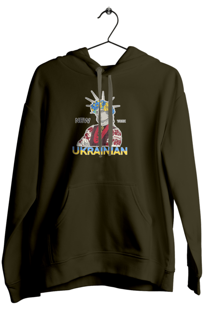 Women`s hoodie with prints UA & NY. Embroidered shirt, new york, statue of liberty, ukraine, wreath. 2070702
