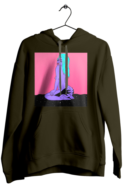 Жіноче худі з принтом "Фіолетова Дівчина В Руках". Дівчина, інопланетянка, сидить. 2070702