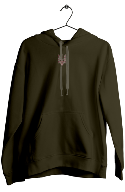 Women`s hoodie with prints Vyshyvanka coat of arms. Actual, emblem, embroidered shirt, symbolics, ukrainian, unusual, war. 2070702