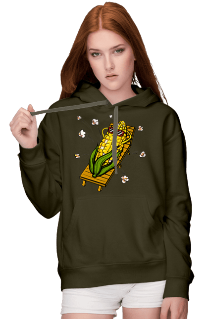Women`s hoodie with prints Corn Suns On A Lounger. Corn, lounger, popcorn. 2070702