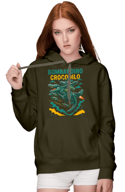 Жіноче худі з принтом "Bombardino Crocodilo". Bombardino, bombardino crocodilo, crocodilo, бомбардіно крокоділо, крокодил, крокодил літак, крокодил мем, мем, мем бомбардине крокодило. 2070702