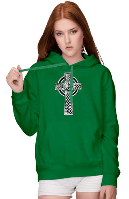 Жіноче худі з принтом "Кельтський (Ірландський) Хрест. Хрест Святого Патріка". Віра, ірландський хрест, кельти, кельтський хрест, міссонерство, релігія, святий патрік, хрест, хрещення, християнство. CustomPrint.market