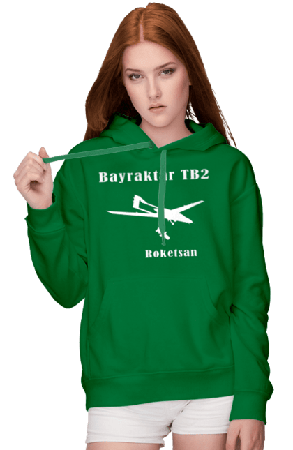 Жіноче худі з принтом "Bayraktar TB2". Bayraktar, bayraktar tb2, агресія, байрактор, безпілотний, бойовики, війна, донбас, захист, зсу, контратака, літак, оборона, патріот, ракета, удар, ударний, україна. ART принт на футболках