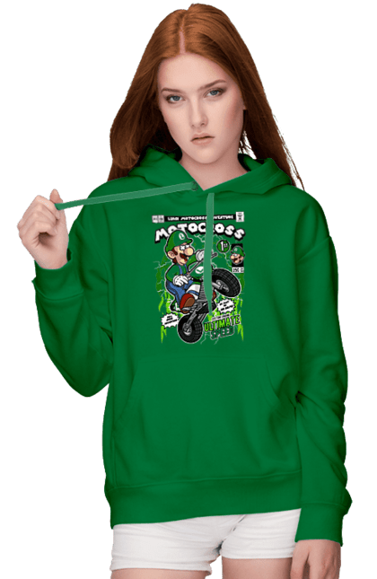 Жіноче худі з принтом "Luigi Motocross". Nintendo, playstaion, автомобіль, гра, зелений маріо, луїджі, маріо. Funkotee