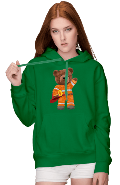 Жіноче худі з принтом "Ведмедик пожежник". Ведмедик, ведмедик пожежник, ведмідь, пожежник, рятувальник, тедді. futbolka.stylus.ua