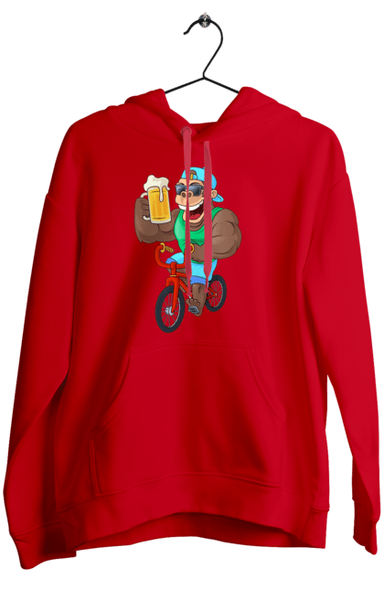 Жіноче худі з принтом "Мавпа З Пивом На Велосипеді". Велосипед, мавпа, пиво. CustomPrint.market