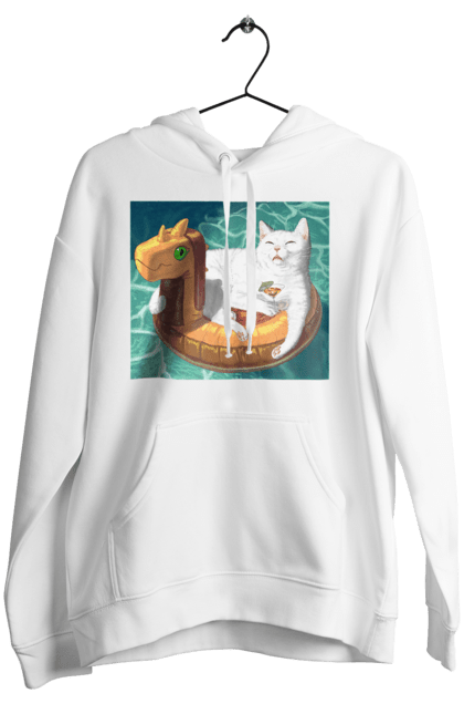 Women`s hoodie with prints White cat in a swimming circle on vacation. Basin, cat, cocktail, sea, swimming circle, vacation. 2070702