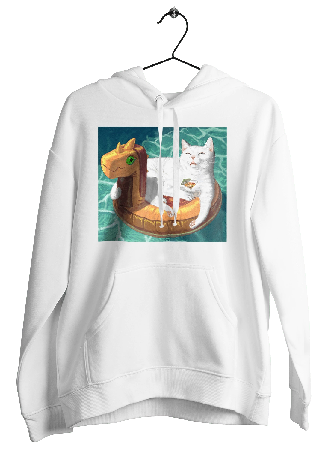 White cat in a swimming circle on vacation