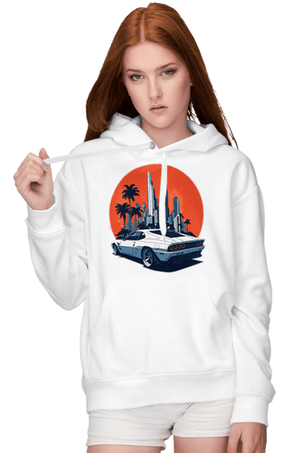 Жіноче худі з принтом "Авто". Гонка, захід сонця, спортивний автомобіль, швидкість. 2070702