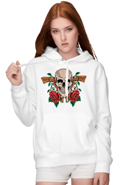 Women's hoodie with prints Skull with roses. Bones, eyes, flowers, gun, leaves, rose flower, scull, spikes, teeth. 2070702