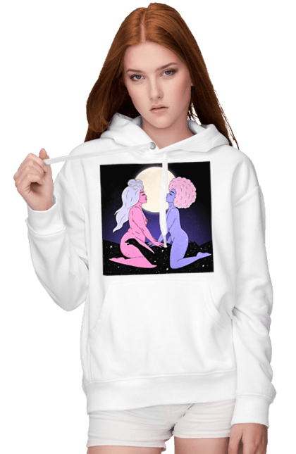Women`s hoodie with prints Two Aliens And The Moon. Aliens, from above, girls. 2070702