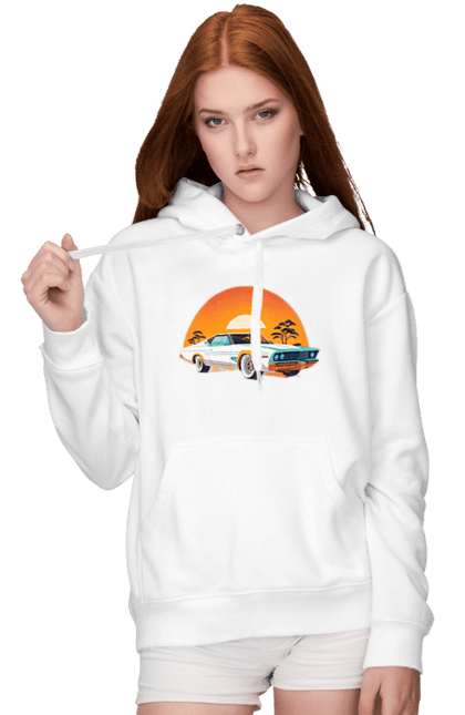 Женское худи с принтом Красивая машина на закате. Авто, отклонить, солнце. 2070702