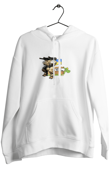 Women`s hoodie with prints Ukraine welcomes you. Combat vehicle, crocodile, flag, machine guns, robot, symbolics, ukraine. 2070702