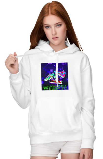 Жіноче худі з принтом "Step`n". Віртуальні кросівки, крипта, криптовалюти, нфт, нфт кросівки, солана, степен. 2070702