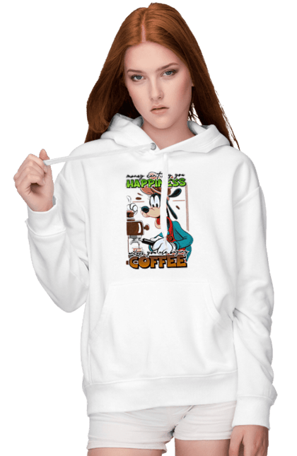 Women's hoodie with prints Goofy Coffee. Animated series, cartoon, coffee, cup, disney, dog, goofy. 2070702