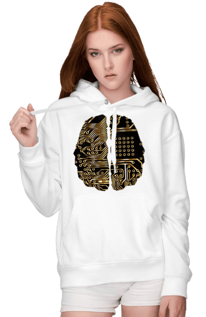 Жіноче худі з принтом "Мозок Айті". Айті, айтішник, гик, знання, золотий, золото, інженер, кібер, кібернетика, кіборг, код, комп, кристал, мікросхема, мозок, програміст, професіонал, професія, розробник, розум, чіп. 2070702